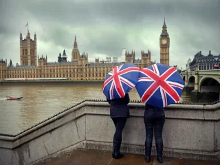 London skyline with Big Ben and Parliament during rainy weather conditions