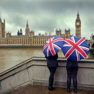 London skyline with Big Ben and Parliament during rainy weather conditions