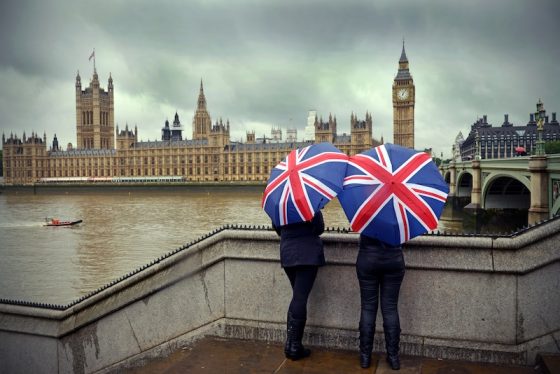 London skyline with Big Ben and Parliament during rainy weather conditions