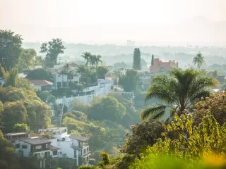 Hillside neighborhood in Mexico with white villas, palm trees, and lush vegetation overlooking the city