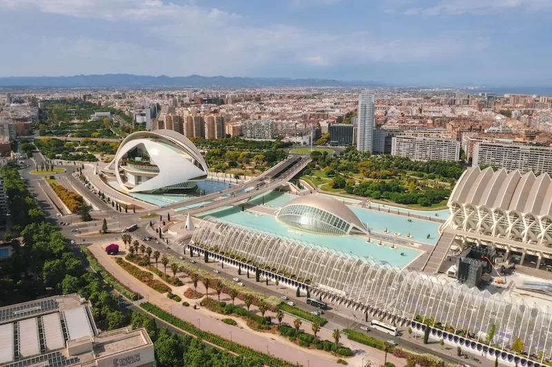 Aerial view of Valencia’s City of Arts and Sciences with modern architecture and urban skyline in Spain