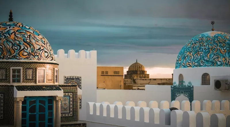 traditional Tunisian architecture with blue domes symbolizing North African cultural innovation