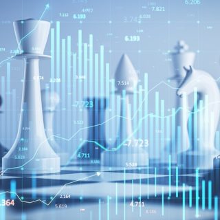 Chess pieces on a board overlaid with financial charts and data visualizations representing strategic financial planning