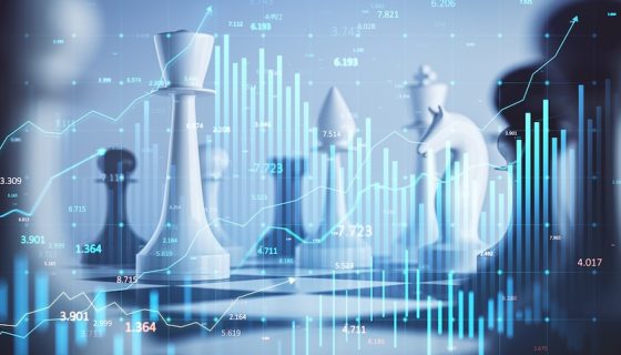 Chess pieces on a board overlaid with financial charts and data visualizations representing strategic financial planning