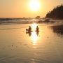 Two people sitting on a beach at sunset with waves rolling in and rocky coastline silhouetted against the golden sky