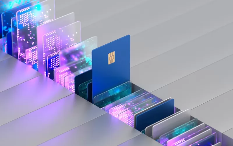 Digital payment and bank cards arranged in a futuristic system representing multi-currency and international banking infrastructure