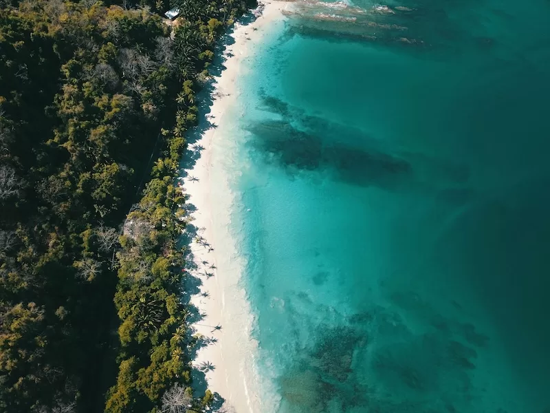 Aerial view of a narrow white-sand beach in Costa Rica bordered by dense green forest and bright turquoise water