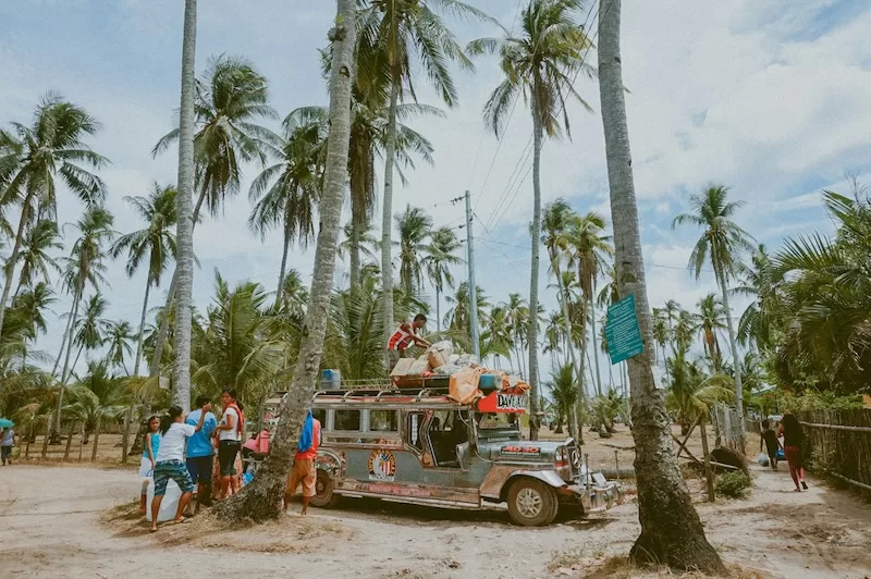 Traditional jeepney parked beneath tall palm trees in a tropical village setting with local people gathered nearby