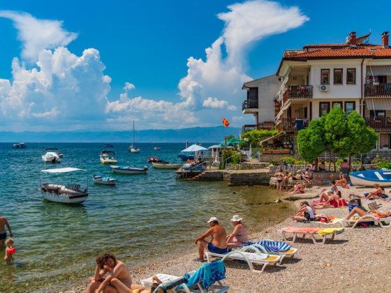 People enjoying the summer at the beach at Lake Ohrid in North Macedonia
