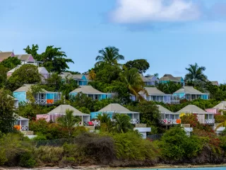 Colorful pastel cottages scattered across a lush hillside with palm trees and tropical greenery overlooking the coast