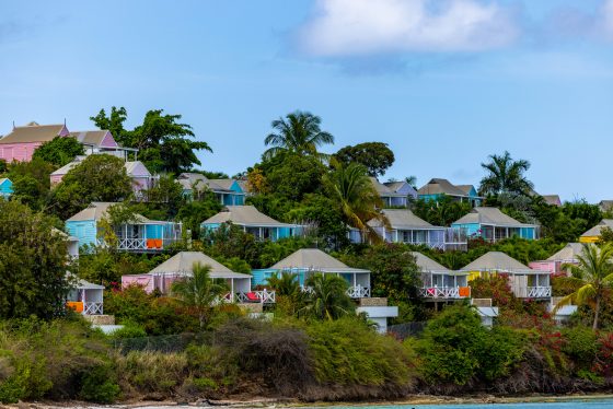 Colorful pastel cottages scattered across a lush hillside with palm trees and tropical greenery overlooking the coast