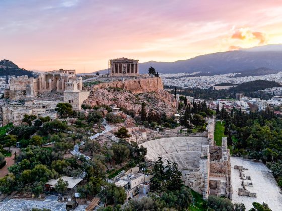 Aerial view of the Acropolis and Athens at sunset with the ancient citadel overlooking the city