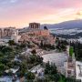 Aerial view of the Acropolis and Athens at sunset with the ancient citadel overlooking the city