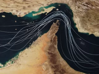 Aerial map of the Strait of Hormuz showing major shipping routes through the waterway