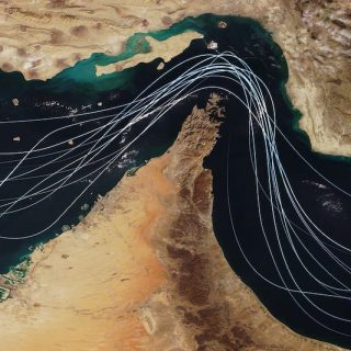 Aerial map of the Strait of Hormuz showing major shipping routes through the waterway