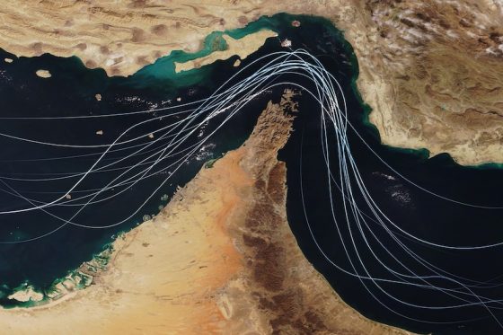 Aerial map of the Strait of Hormuz showing major shipping routes through the waterway