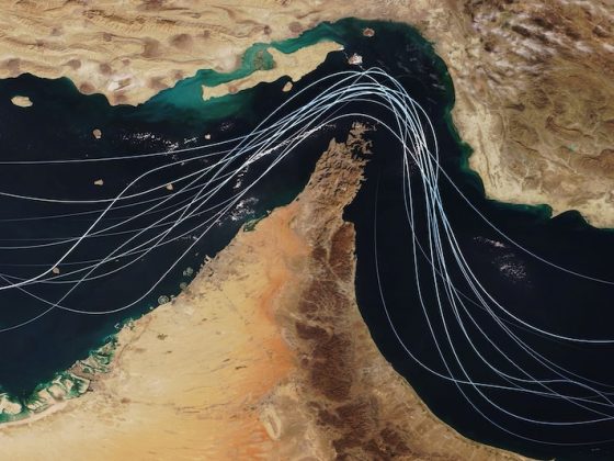 Aerial map of the Strait of Hormuz showing major shipping routes through the waterway