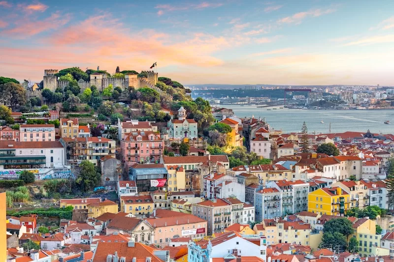 Panoramic view of Lisbon with São Jorge Castle, colourful buildings, and the Tagus River.