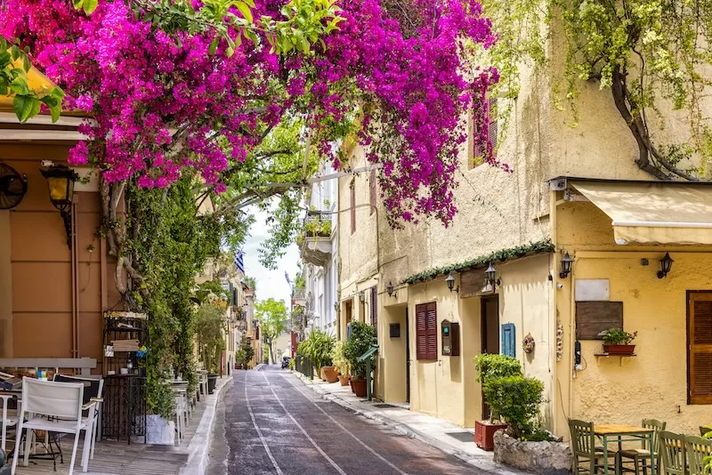 Peaceful Athens street lined with pastel buildings and bright pink bougainvillea in bloom