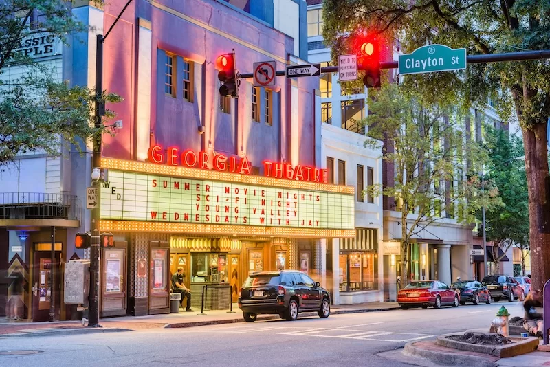 Neon-lit Georgia Theatre on Clayton Street in downtown Athens, Georgia, at dusk