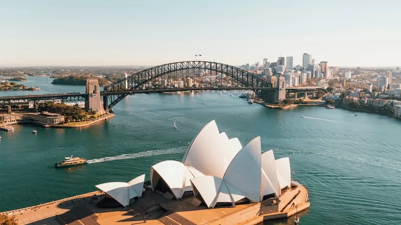 Aerial view of Sydney Opera House and Harbour Bridge across Sydney Harbour