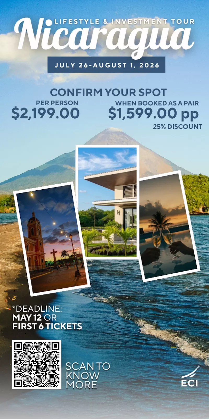 Promotional poster for a Nicaragua lifestyle and investment tour with pricing, dates, and QR code