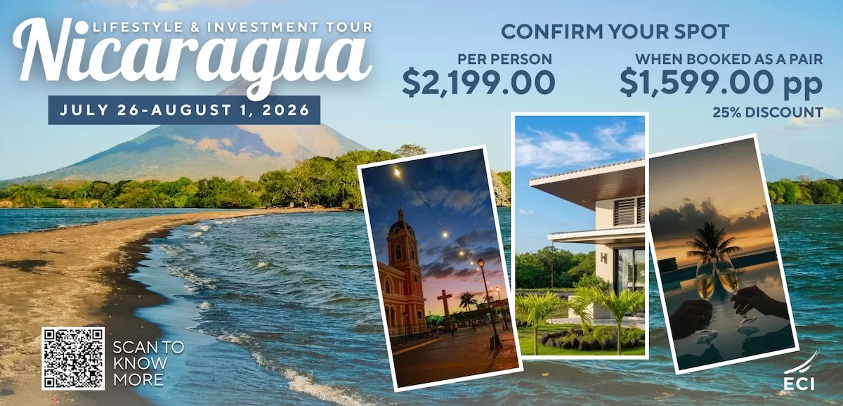 Promotional poster for a Nicaragua lifestyle and investment tour with pricing, dates, and QR code