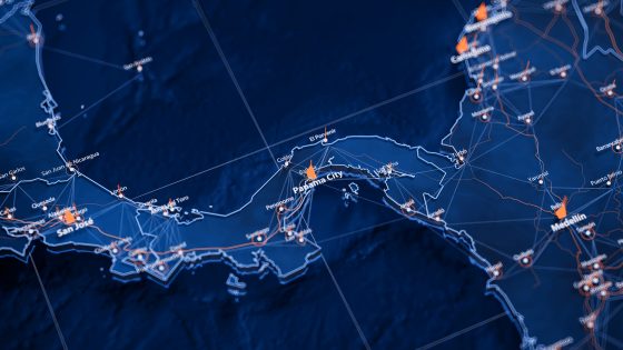Panama City map big data visualization. Futuristic map infographic of city in Panama. Visual map data complexity in modern blue and orange colors