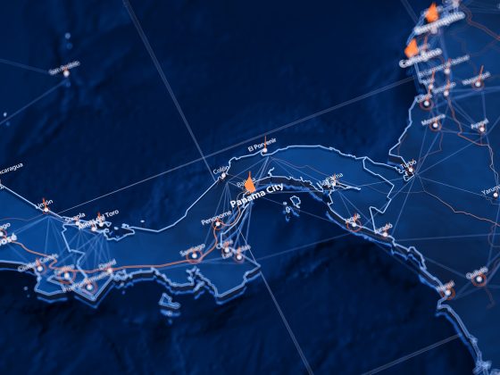 Panama City map big data visualization. Futuristic map infographic of city in Panama. Visual map data complexity in modern blue and orange colors