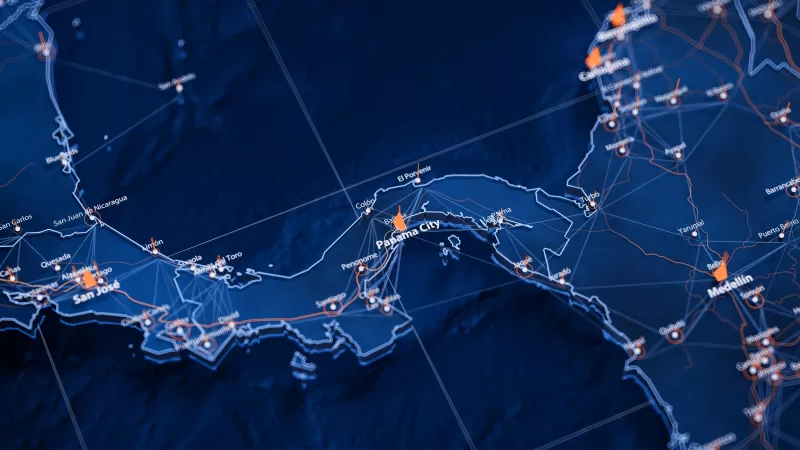 Panama City map big data visualization. Futuristic map infographic of city in Panama. Visual map data complexity in modern blue and orange colors