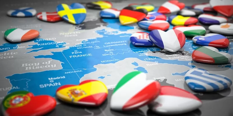 European national flags displayed across a map of the Schengen region