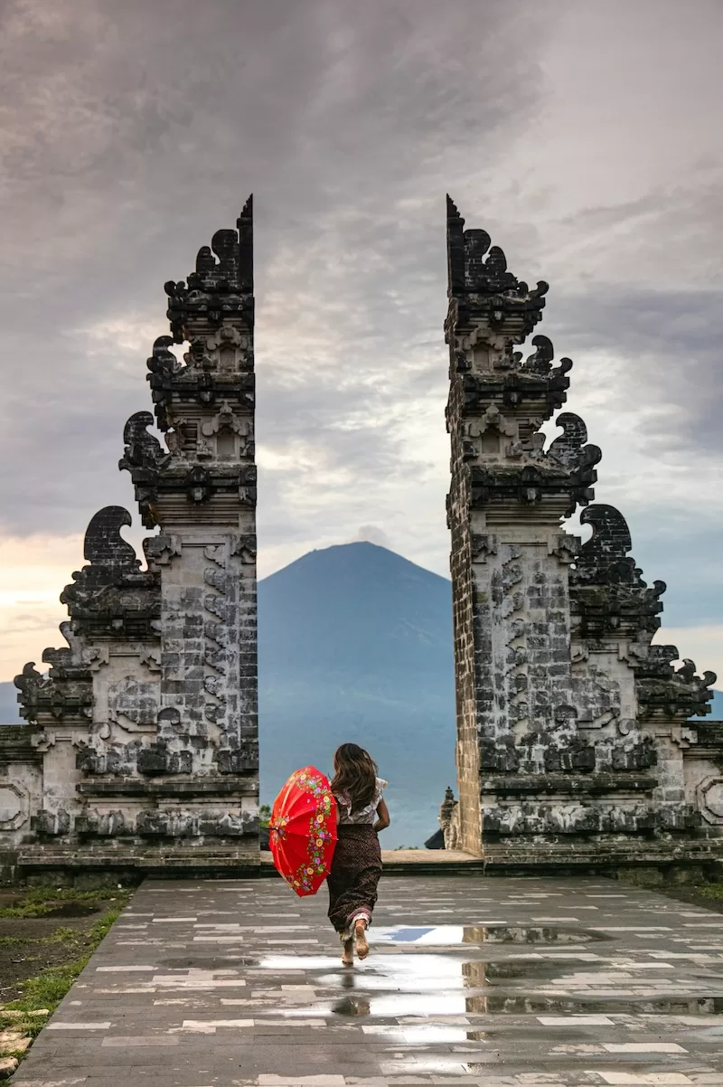 Balinese temple gate with Mount Agung in the background