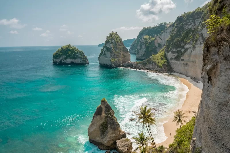Cliffside beach in Bali with turquoise water and limestone rock formations