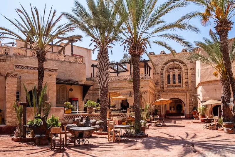 Moroccan courtyard with palm trees and traditional architecture