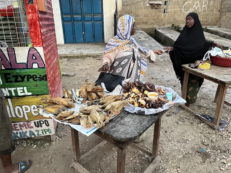 Local women selling dried fish, octopus, and seafood along a street in Zanzibar.