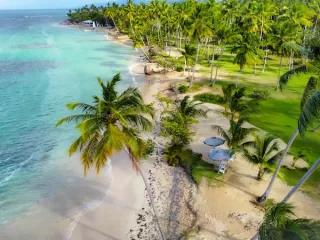 Aerial view of a palm-lined Dominican Republic beach with turquoise water and beachside umbrellas