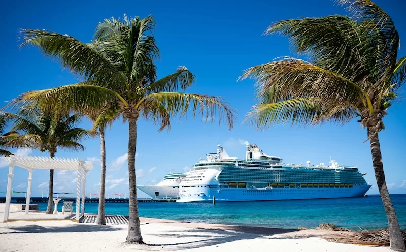 Cruise ship docked beside a Caribbean beach with palm trees