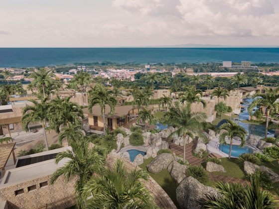 Aerial rendering of Liyongo village resort on Zanzibar’s North Coast with villas, pools, palm trees, and ocean views