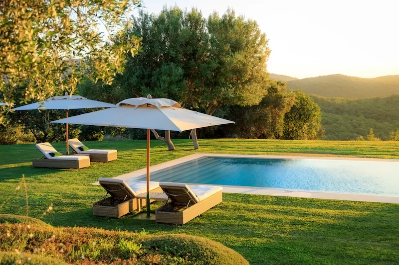Poolside loungers and umbrellas at a Mediterranean villa with olive trees and rolling hills