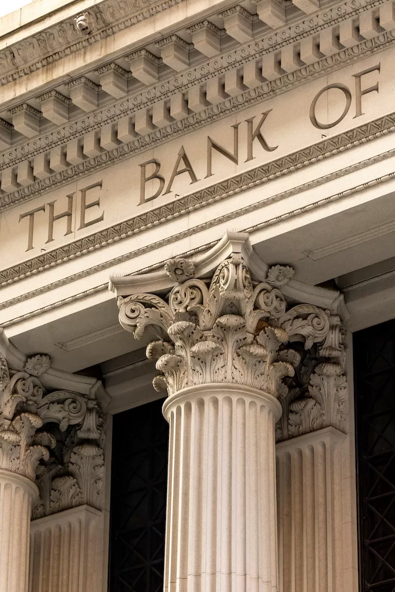 Stone columns and entrance of a traditional bank building