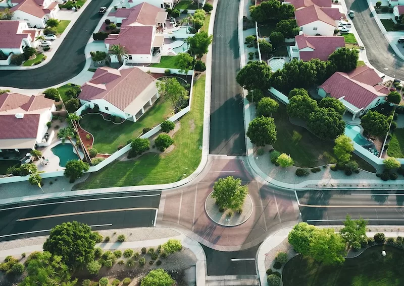 Aerial view of residential homes in a growing property market