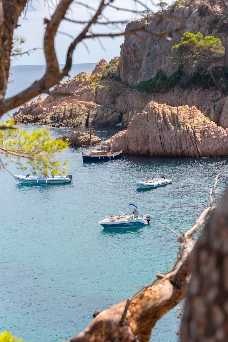 Boats anchored in a rocky Costa Brava cove