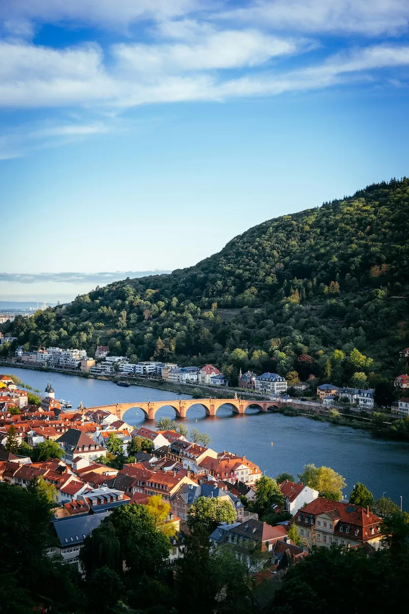Aerial view of Heidelberg's Old Bridge crossing the Neckar River beneath a forested hillside