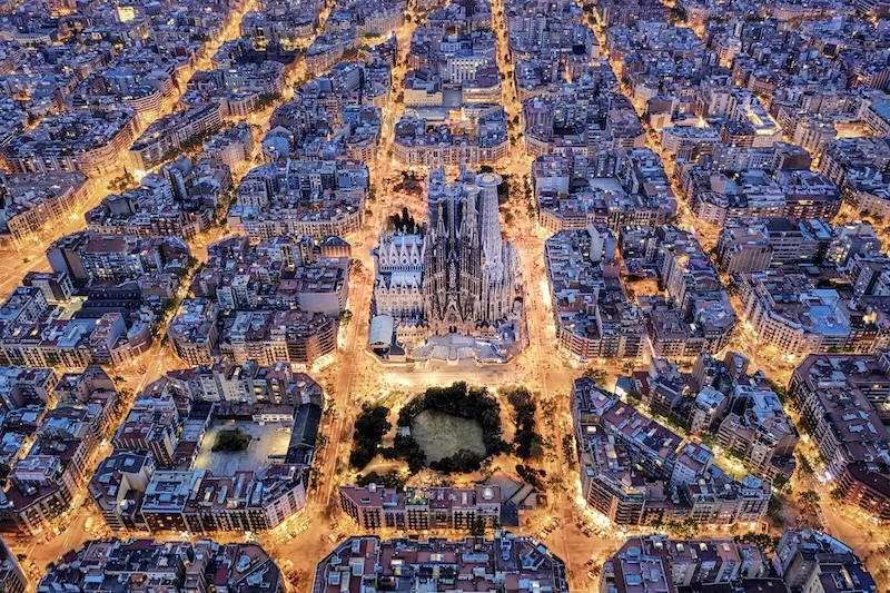 Aerial view of Barcelona and the Sagrada Família at night