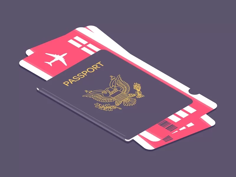 Passport with airplane icon set between two red-and-white boarding passes