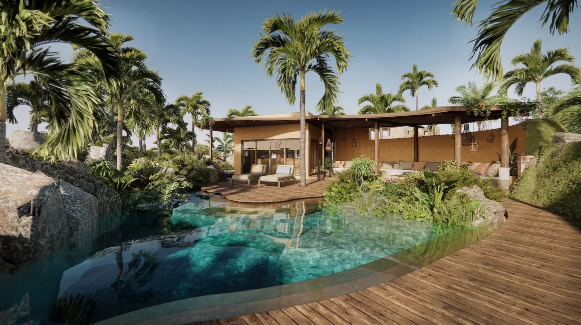 Liyongo villa rendering with a lagoon pool, tropical plants, palm trees, and wooden walkways