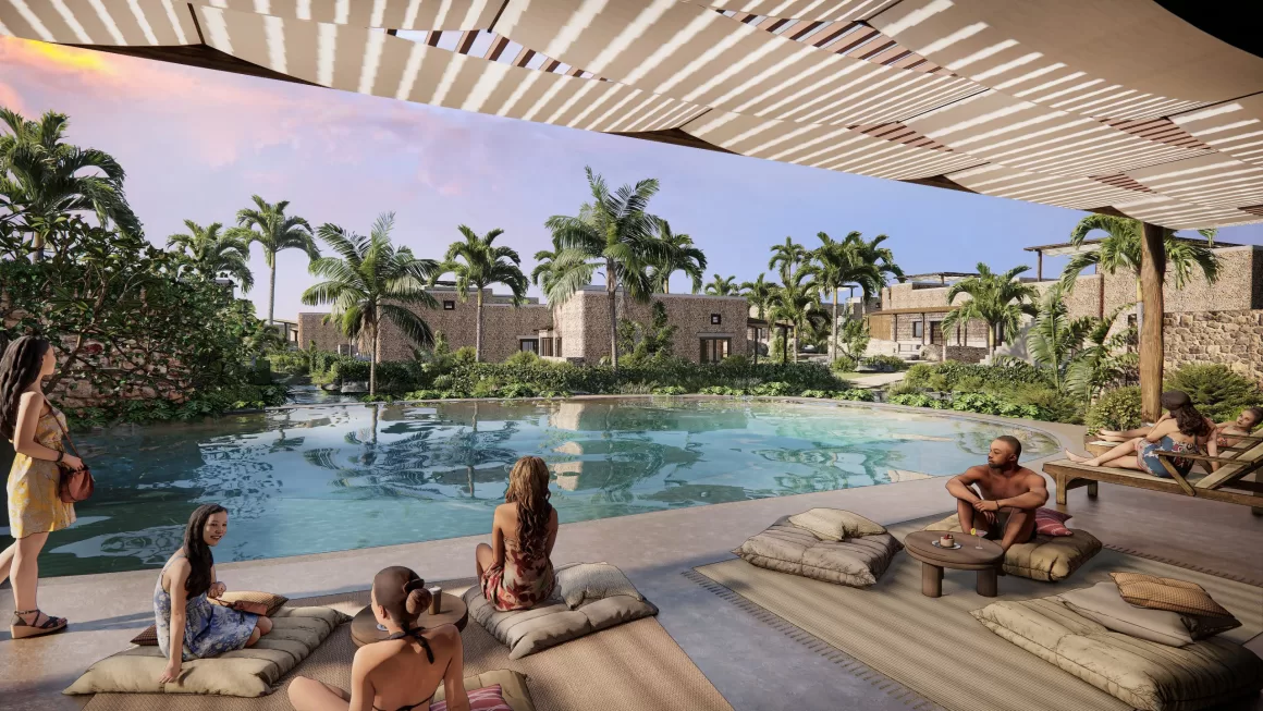 Liyongo resort rendering showing lagoon-style pools, stone walls, palm trees, and shaded villa terraces