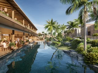 Liyongo resort rendering showing lagoon-style pools, stone walls, palm trees, and shaded villa terraces