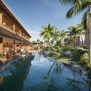 Liyongo resort rendering showing lagoon-style pools, stone walls, palm trees, and shaded villa terraces