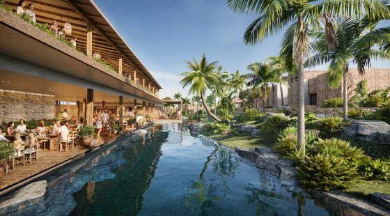 Liyongo resort rendering showing lagoon-style pools, stone walls, palm trees, and shaded villa terraces
